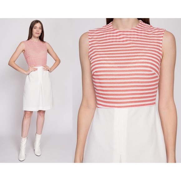 S| 60s Red & White Mod Mini Dress -‎ Small | Vintage Knit Sleeveless Dress - Picture 1 of 6
